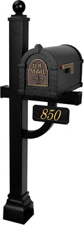 Gaines - Keystone Deluxe Post and Mailbox Package with Personalized Address Plaque and Decorative Cuff (Black with Antique Bronze Fleur de Lis)