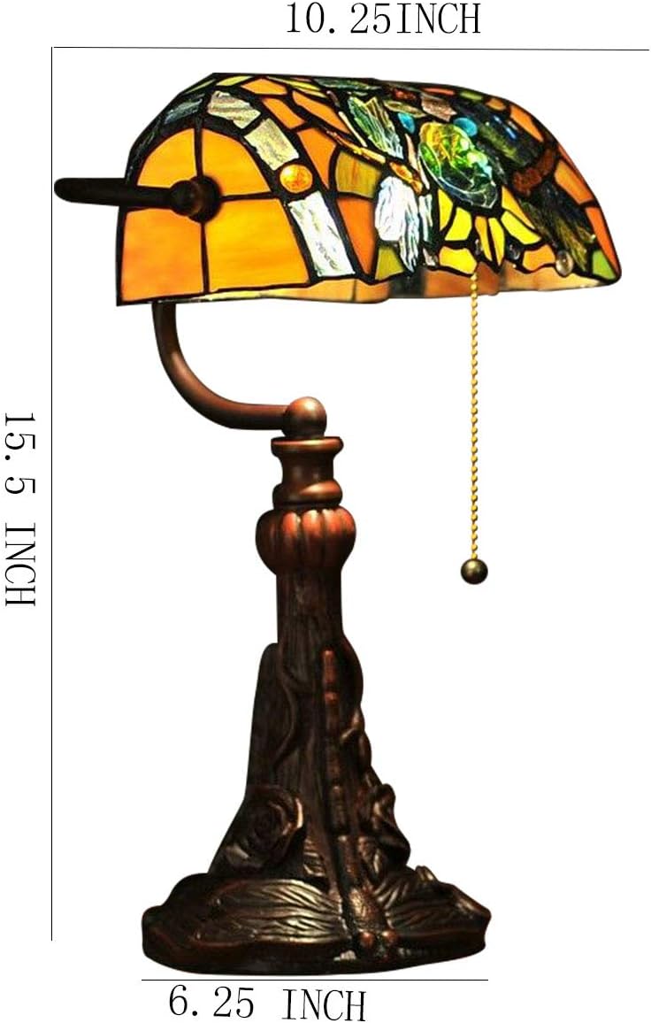 Tiffany Lamp Stained Glass Table Lamp for Living Room Side Dragonfly Piano Lamp Small 15.5' Tall Bedroom Bedside Table Lamp Chain Switch Banker's Home Office Desk Light Farmhouse Lamps