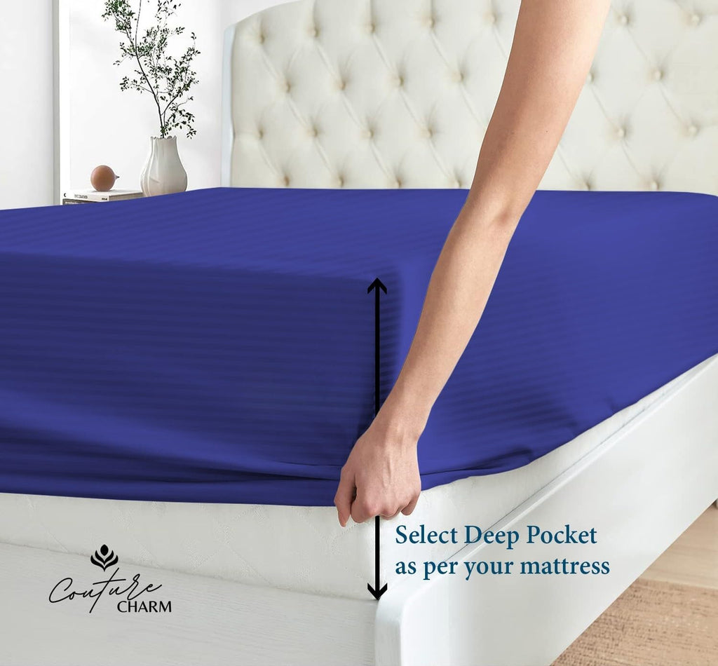 Queen Size 1000 Thread Count 100% Egyptian Cotton Sheet Set, 4-Piece, Sateen Weave, with 10-12' Deep Pocket Snug Fit (Stripe, Royal Blue)