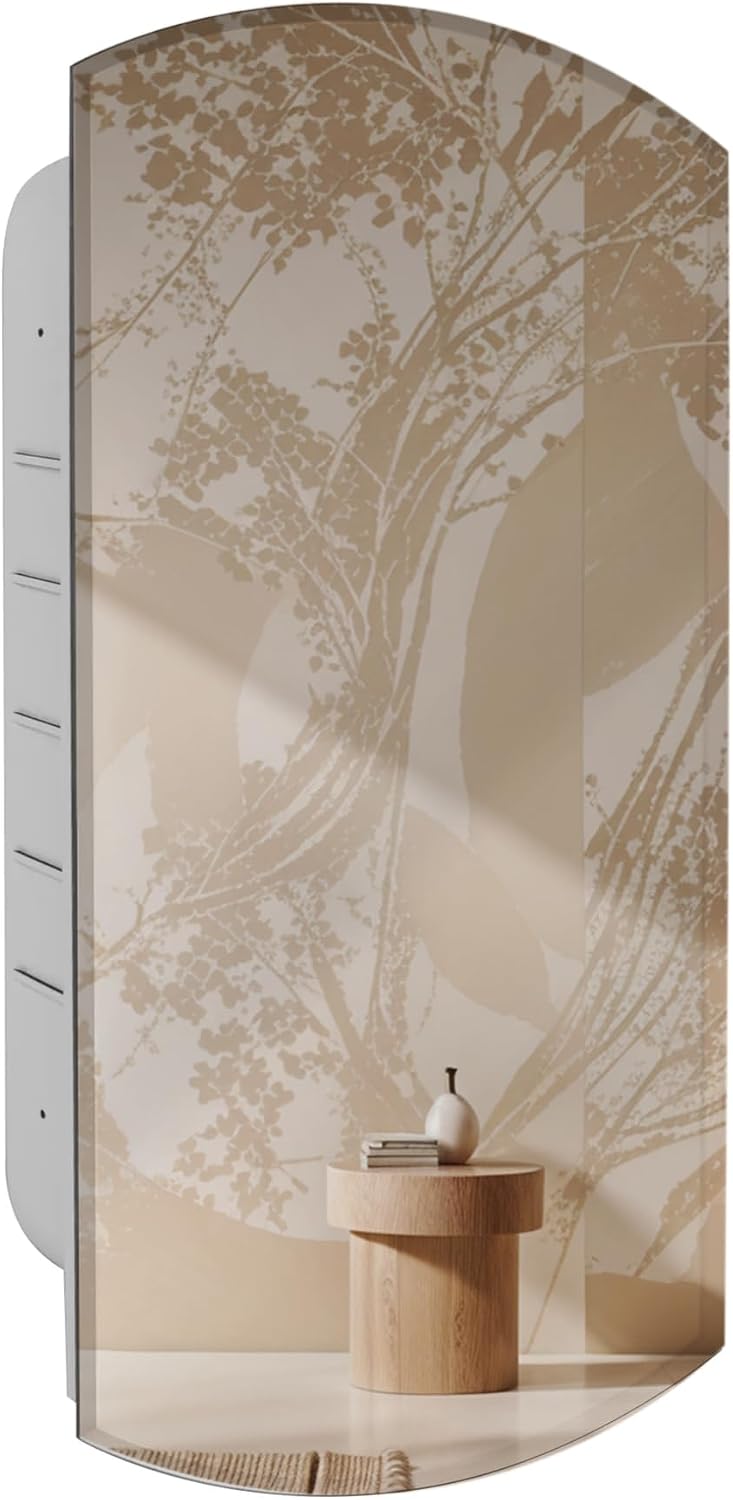 Head West Recessed Frameless Medicine Cabinet Mirror with Beveled Edge - Metal Bathroom Wall Vanity with Storage, Adjustable Shelves, Arched Oval Oblong Eclipse Modern Minimalist Design - 16'x30'