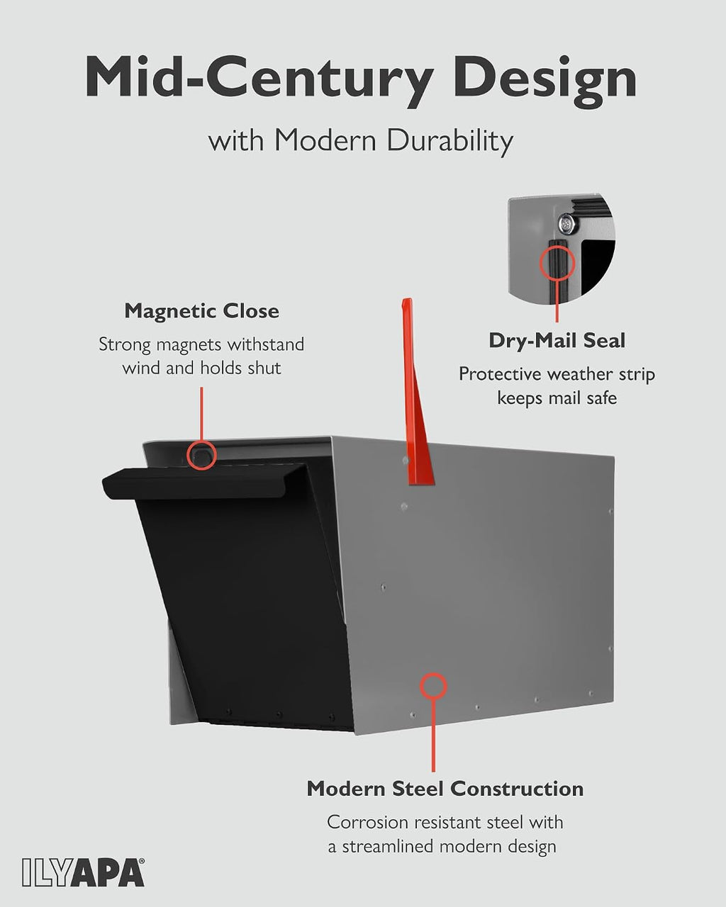 Ilyapa Modern Mailbox for Post Mount - Gray with Black Door Powder Coated Steel, Waterproof Letter Box for Parcels, with Recessed Magnetic Close Door