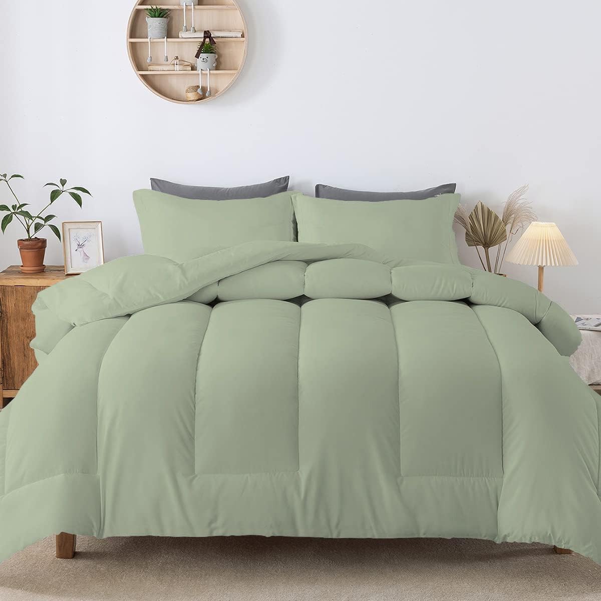5 PC Straight Line Pattern Comforter Set Premium Super Soft 600 GSM All Season | 1000 Thread Count | 100% Egyptian Cotton ( Full/Queen Size, Light Sage Color)