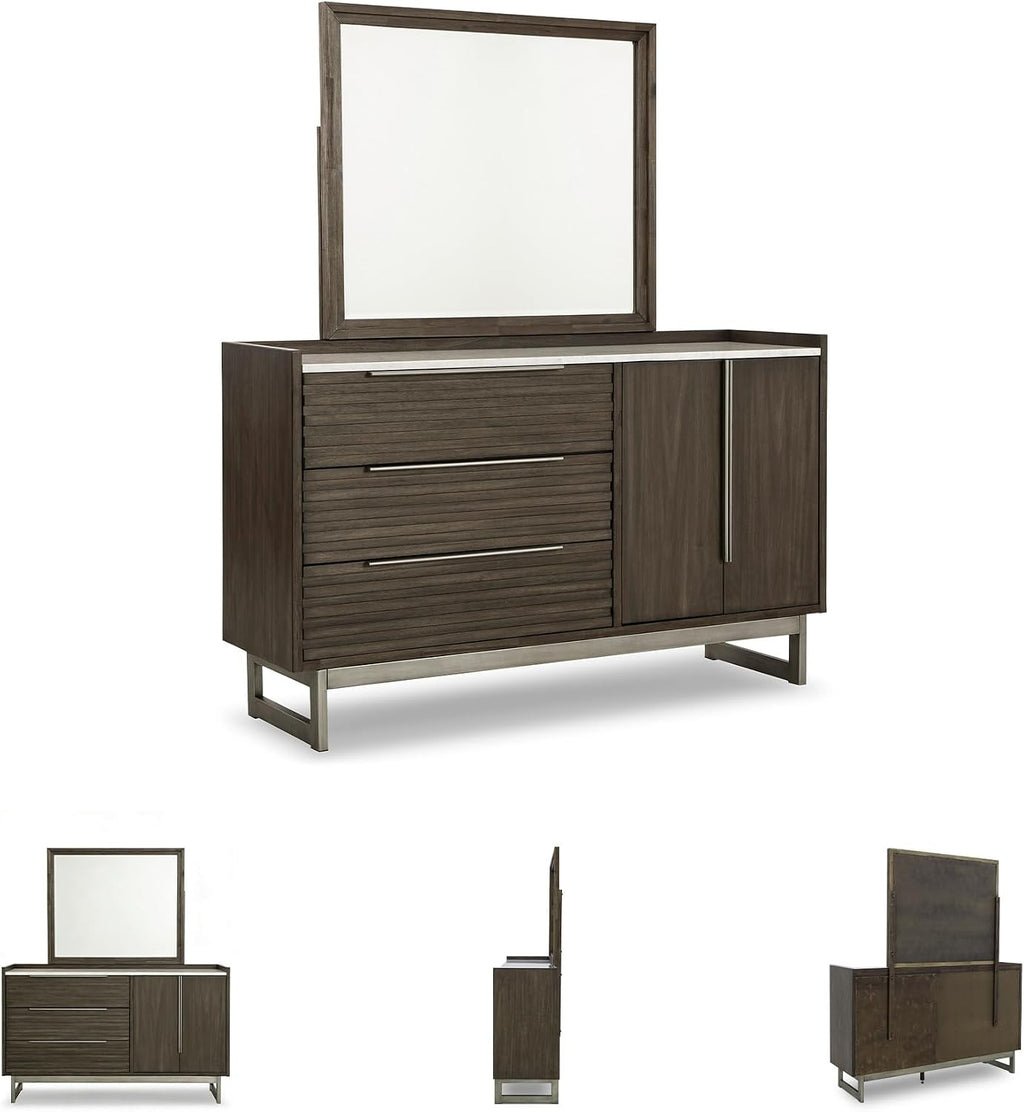 Signature Design by Ashley Arkenton Mid-Century Modern 3-Drawer Dresser and Mirror with Felt-Lined Top Drawer, Adjustable Shelf and Safety Stop, Dark Brown & White