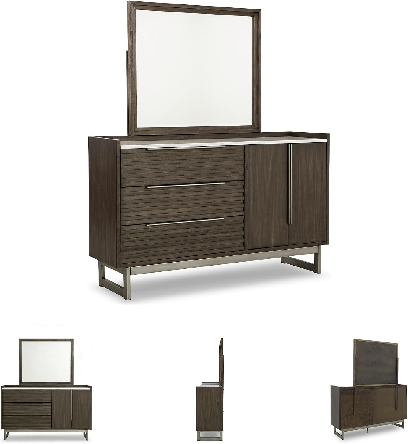 Signature Design by Ashley Arkenton Mid-Century Modern 3-Drawer Dresser and Mirror with Felt-Lined Top Drawer, Adjustable Shelf and Safety Stop, Dark Brown & White