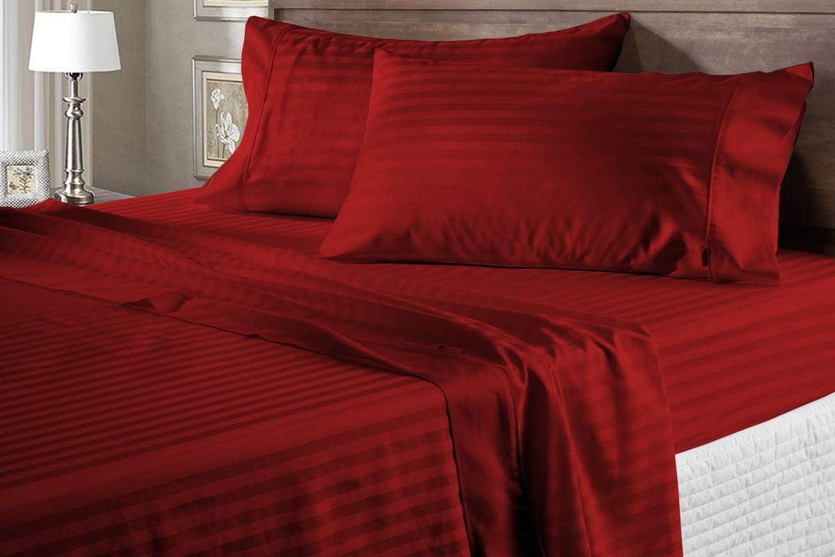Luxury 1800 Thread Count Heavy Egyptian Cotton 4-PCs Sheet Set Fits Mattress 21-24'' Fully Elastic Deep Pocket (Queen Size) (Stripe, Burgundy)