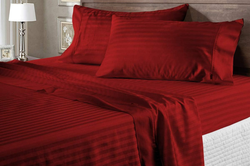 Luxury 1800 Thread Count Heavy Egyptian Cotton 6-PCs Sheet Set (1 Fitted, 1 Flat, 4 Pillowcase) Fits Mattress 21-24'' Fully Elastic Deep Pocket (Queen Size) (Stripe, Burgundy)