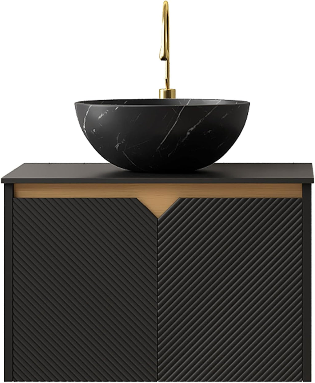 24 Inch Bathroom Vanity with Sink, Small Floating Fluted Vanity with Vessel Sink, Modern Wall Mounted Bathroom Vanity Cabinet with 2 Doors, Bowl Ceramic Sink & Sintered Stone Top, Black