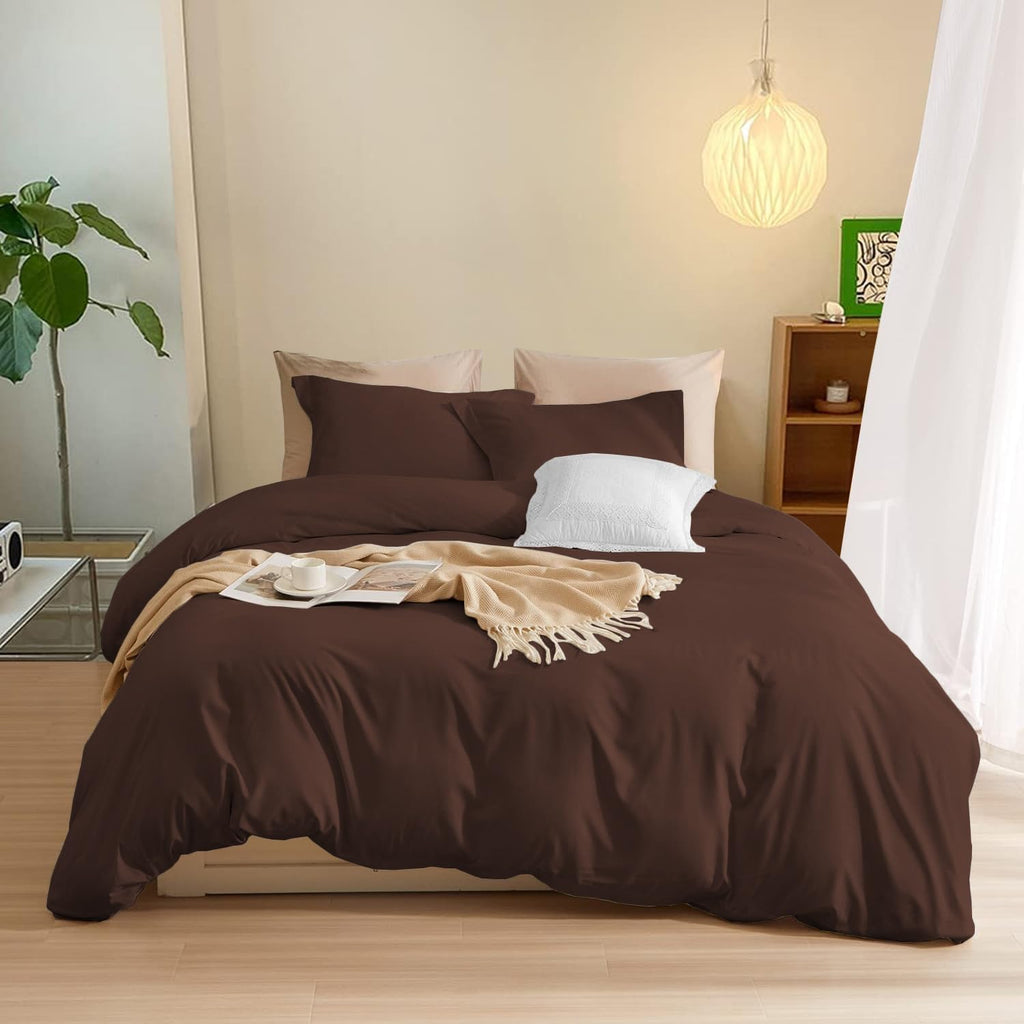 800TC 3 Sided Zipper Duvet Cover Set Soft Egyptian Cotton 3 Sided Zipper Closure, 3 PCS 1-Duvet Cover & 2- Pillow Shams - Oversize Queen Size (98' x 98') Inches, (Solid Chocolate)