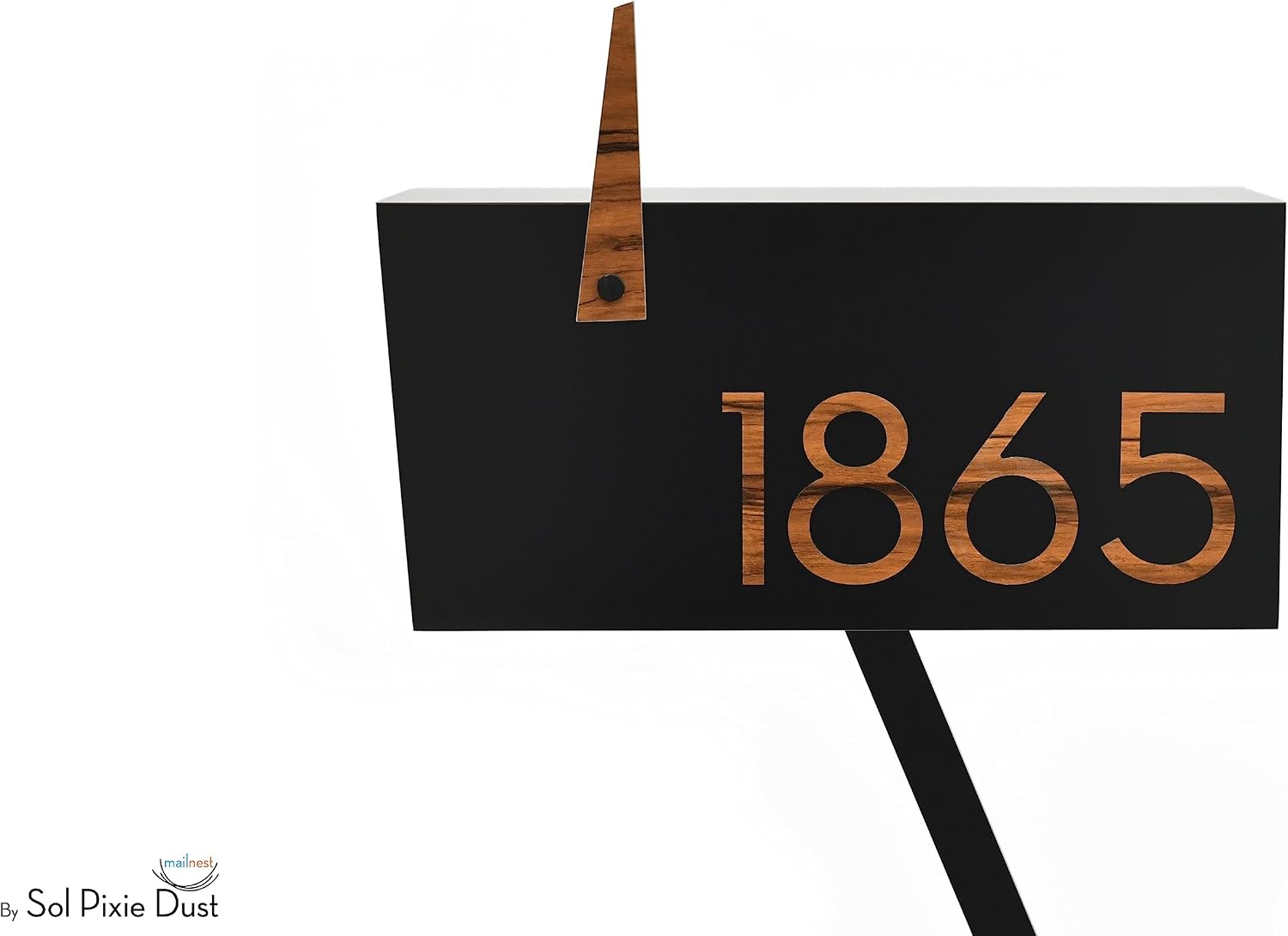 Contemporary Post-Mount Mailbox - Aluminum Black Body with Aluminum Door, Numbers and Flag - Large Customized Mailbox - Type 4 (Acacia Wood)