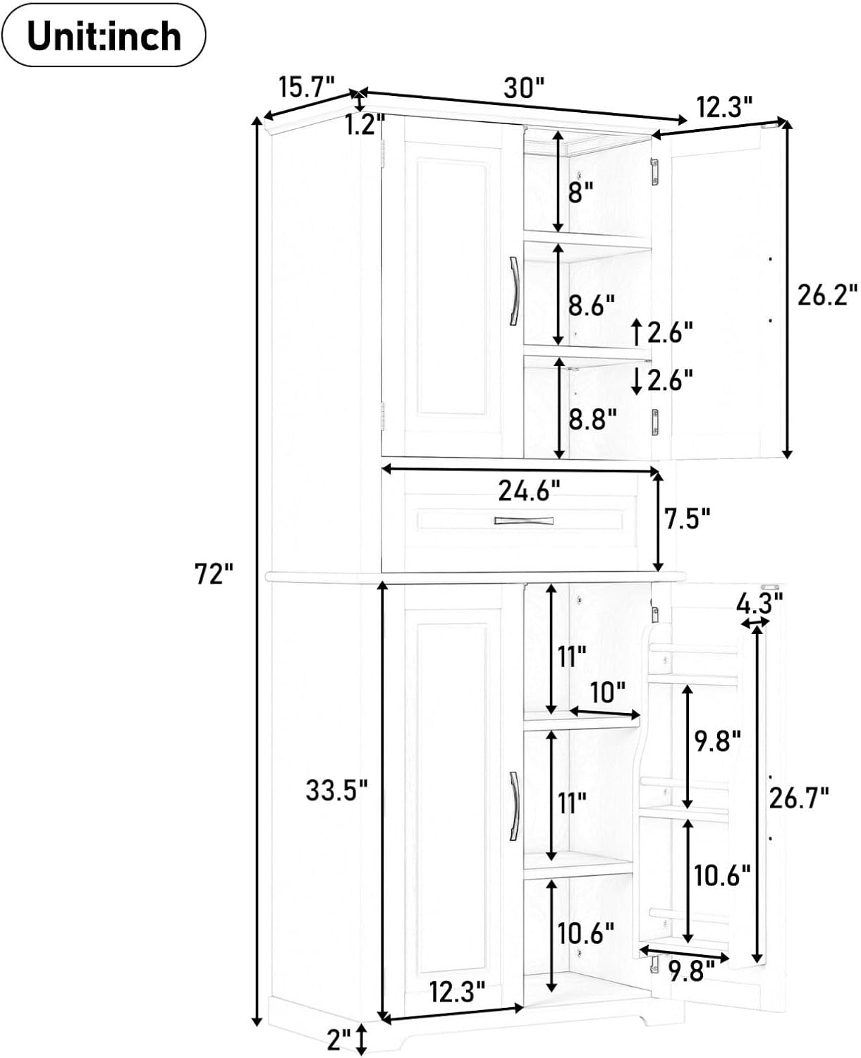 Tall Storage Cabinet with Adjustable Shelves, Large Drawer, and Door Storage Racks, 72' Kitchen Pantry Organizer with Magnetic Door Stopper and Metal Handles, Waterproof Finish for Home Use