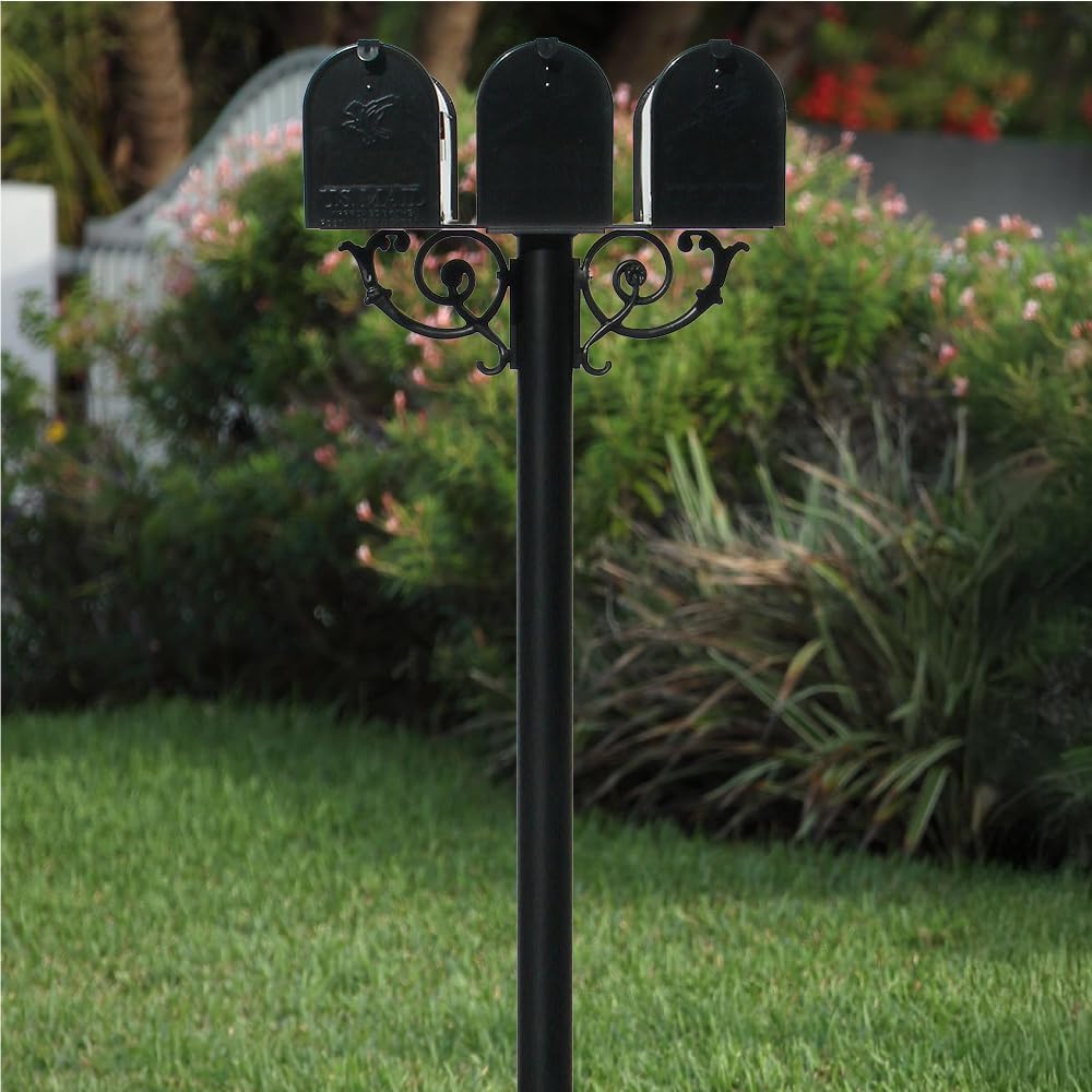 The Hanford Cast Aluminum Triple Mailbox Post System with 3 Economy Mailboxes, Mounting Brackets and Scroll Supports, Ships in 2 boxes
