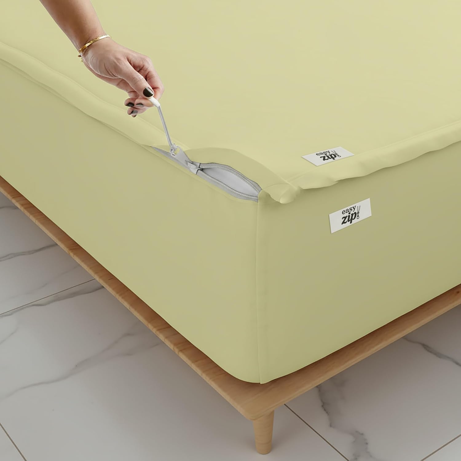 COTTON STICH 600 TC Zipper Fitted Sheet, 100% Egyptian Cotton, 18' Deep Pocket, Easy Zip Change, All-Around Secure Fit - Queen Size Bed - Ivory