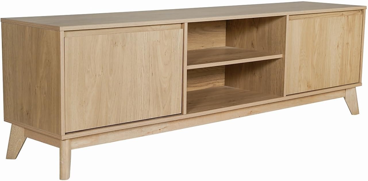 Flash Furniture Hatfield Mid-Century Modern TV Stand for 65+ Inch TV's - Light Natural Laminate Finish - 70' Media Center - Adjustable Center Shelf - Soft Close Doors