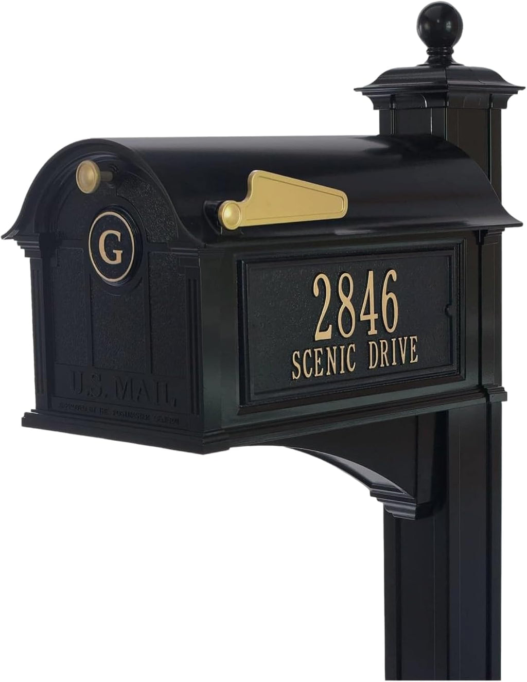 Whitehall Balmoral Monogram Mailbox with Post Black Oversized Cast Aluminum Mailbox Package with Personalized Side Plaques, Monogram Door & Weather-Resistant Deluxe Post