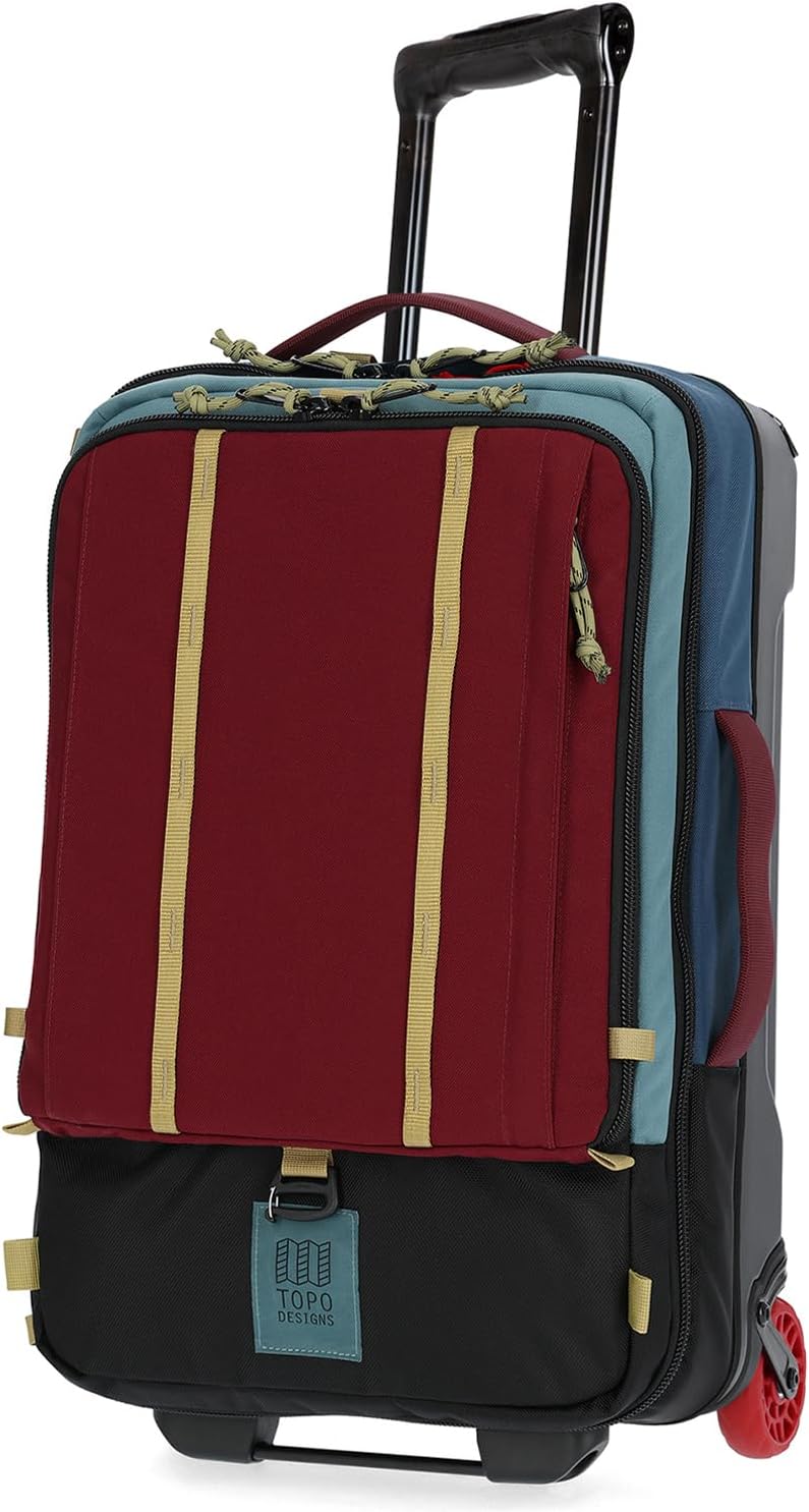 Topo Designs Global Travel Roller Bag Suitcase, Carry-On Friendly, 3 Carry Options, Smooth Heavy Duty Wheels, Telescoping Handle, Designed in Denver CO USA, PFAS Free (Dark Denim/Burgundy)