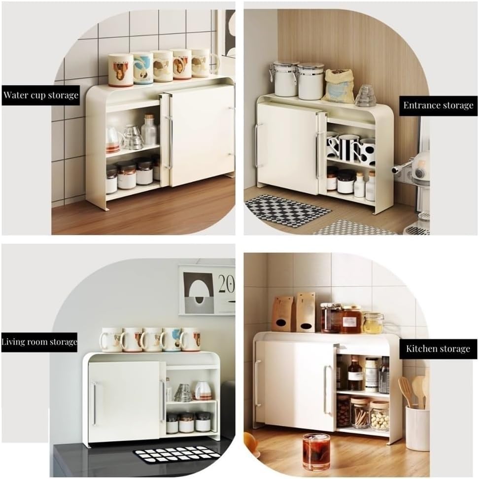 Cups Storage Cabinet with Doors, 2 Tier Shelves Sideboard Organizer, Metal Spice Rack, Snack Organizer, Desktop Organize for Living Room, Kitchen, Coffee Shop(White)