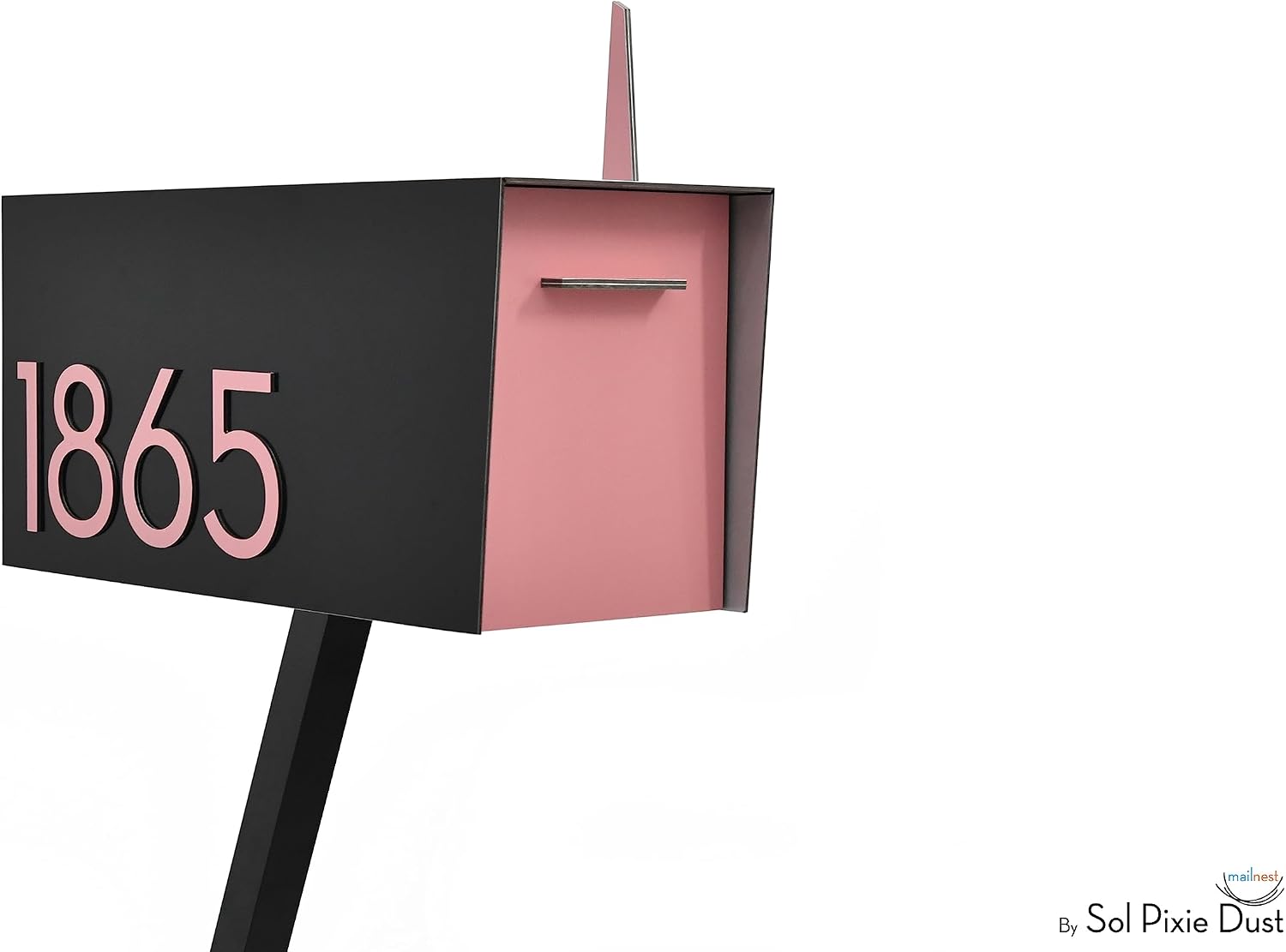 Contemporary Post-Mount Mailbox - Aluminum Black Body with Aluminum Door, Numbers and Flag - Large Customized Mailbox - Type 4 (Pink)