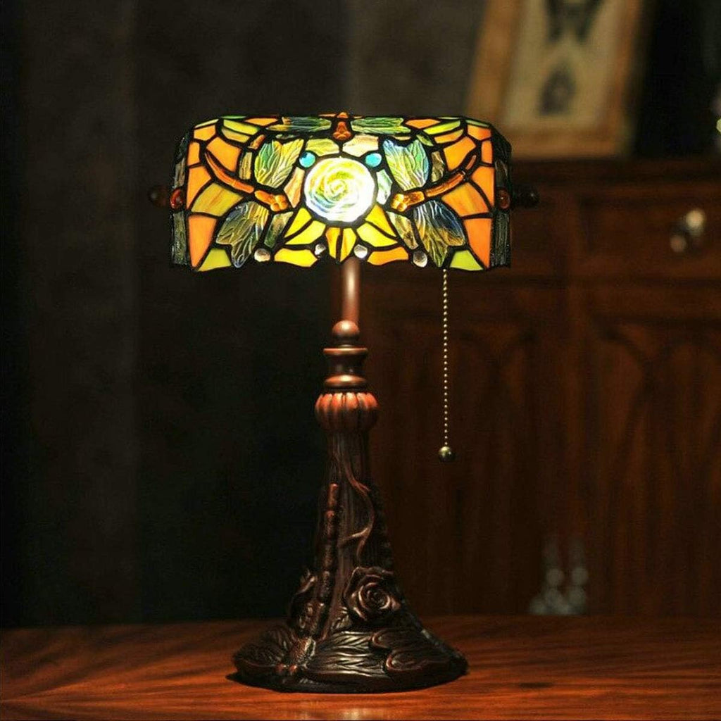 Tiffany Lamp Stained Glass Table Lamp for Living Room Side Dragonfly Piano Lamp Small 15.5' Tall Bedroom Bedside Table Lamp Chain Switch Banker's Home Office Desk Light Farmhouse Lamps