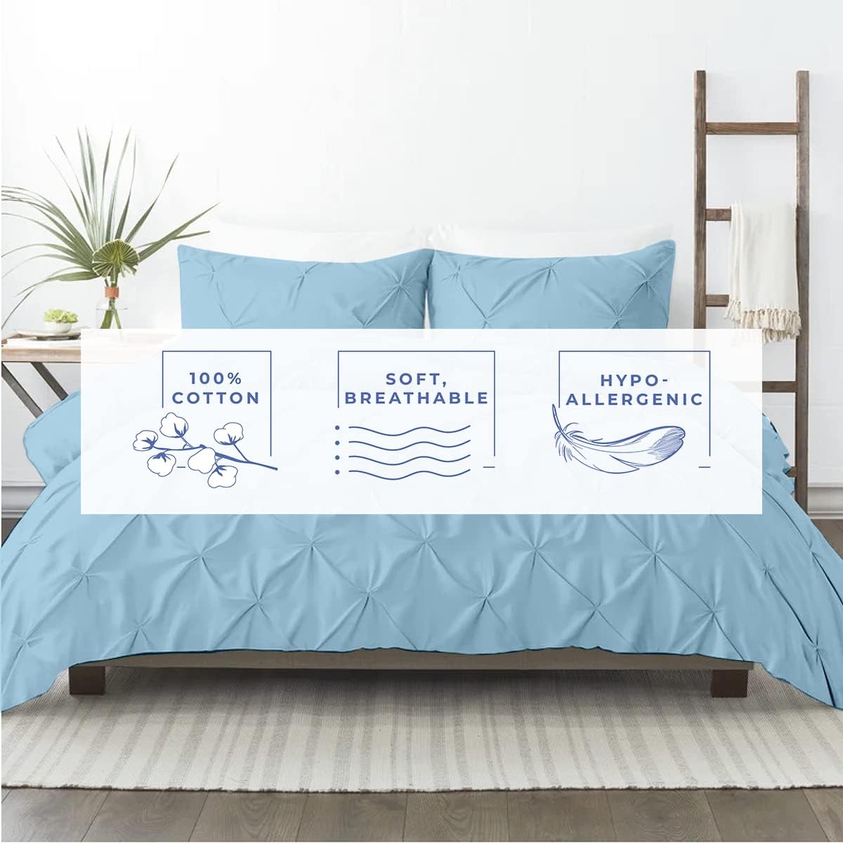 All Season Down Alternative Premium Pinch Pleated Comforter Sets 500 GSM 100% Soft Egyptian Cotton 1-Pintuck Comforter with 2-Pintuck Pillowsham-Oversized Queen Size, Light Blue