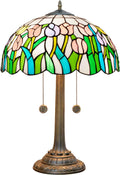 Tiffany Lamp Pink Yellow Tulips Stained Glass Table Lamp 16 inch Large Desk Light Antique Beside Reading Lamp for Home Living Room Bedroom Office