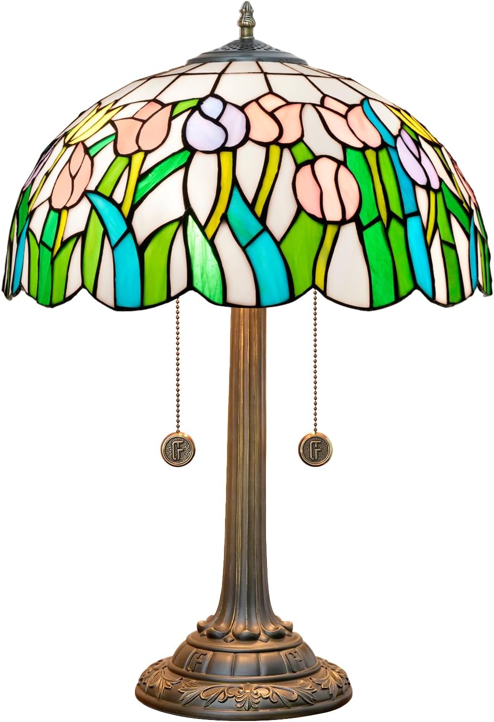 Tiffany Lamp Pink Yellow Tulips Stained Glass Table Lamp 16 inch Large Desk Light Antique Beside Reading Lamp for Home Living Room Bedroom Office