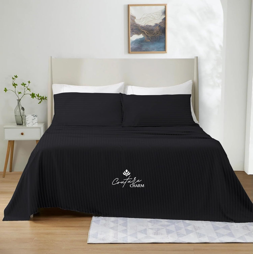 Queen Size 1000 Thread Count 100% Egyptian Cotton Sheet Set, 4-Piece, Sateen Weave, with 10-12' Deep Pocket Snug Fit (Stripe, Black)