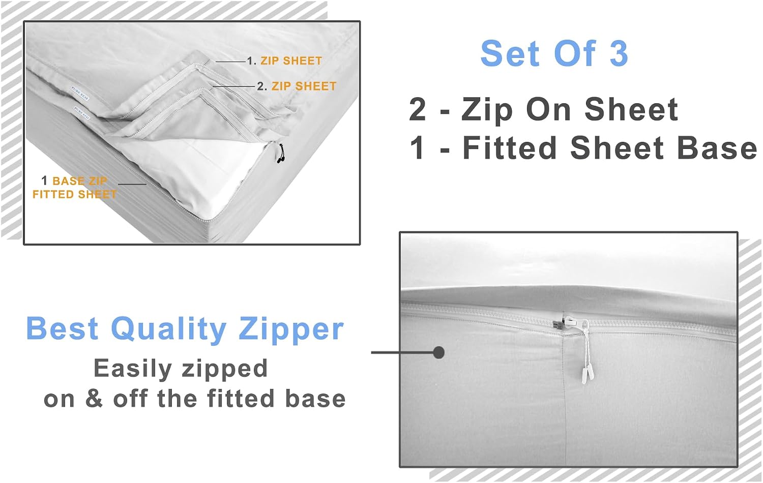 Zip On Sheets Cal King Zipper Fitted Sheets 72X84 - Includes 2 Zip On Sheet & 1 Fitted Sheet Base - 8' to 16' Inch Deep Pocket Zipper Sheets - Faster & Easier Microfiber Cal King Size - Baige