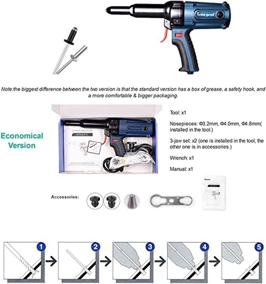 Electric Rivet Gun,400W Heavy Duty Electrical Riveter Blind Rivet Gun Industrial and Long Mouth Power Riveting Tool for 3.2-5.0Mm Blind Rivets