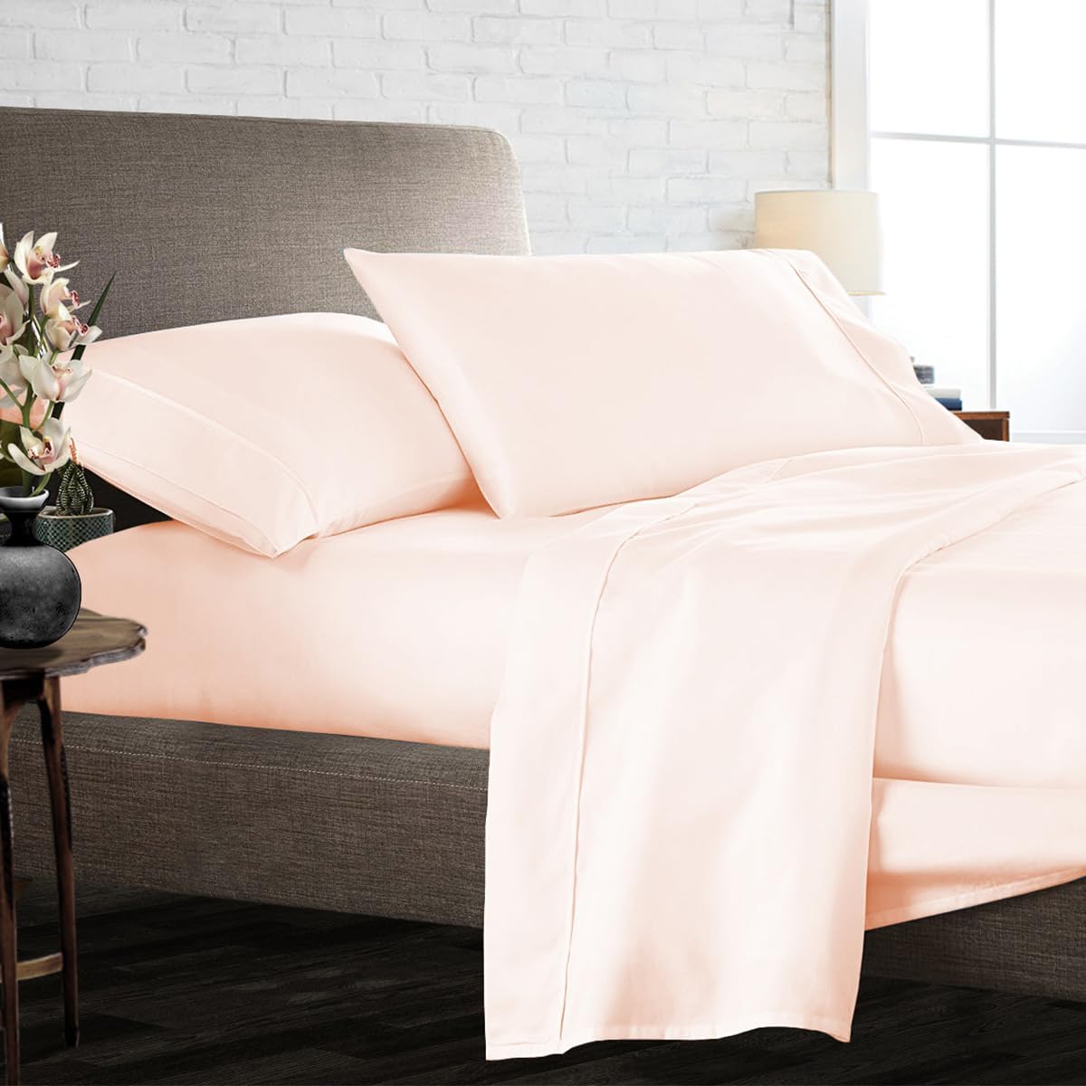 Olympic Queen Size Sheet Set, 1000 Thread Count Egyptian Cotton Sheets, Luxury Fits 6-9' Deep Pocket, Sateen, Hotel-Quality Sheet Set (Solid, Peach)
