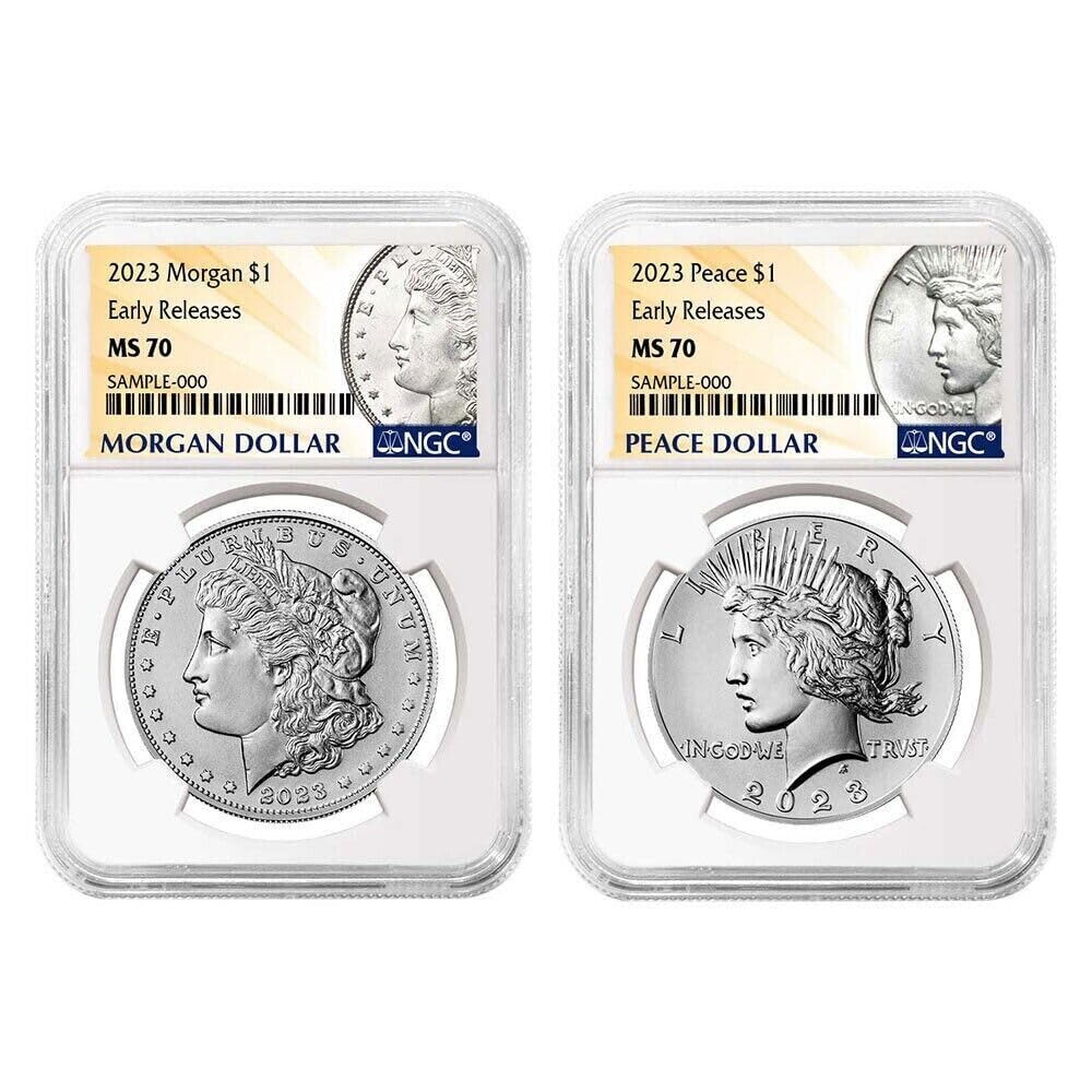 2023 No mint mark Rare Coins 2023 $1 Morgan and Peace Silver Dollar 2pc Set NGC MS70 ER $1 NGC Mint State