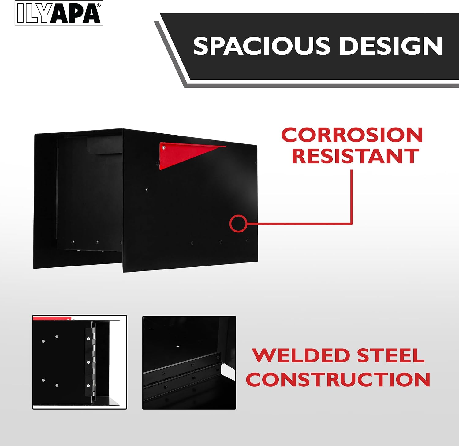 Ilyapa Modern Mailbox Design, Black Powder Coated, Tab Pull Handle, Steel Heavy Duty Curbside Welded Mail Box, Stainless Steel Hinges & Magnetic Door