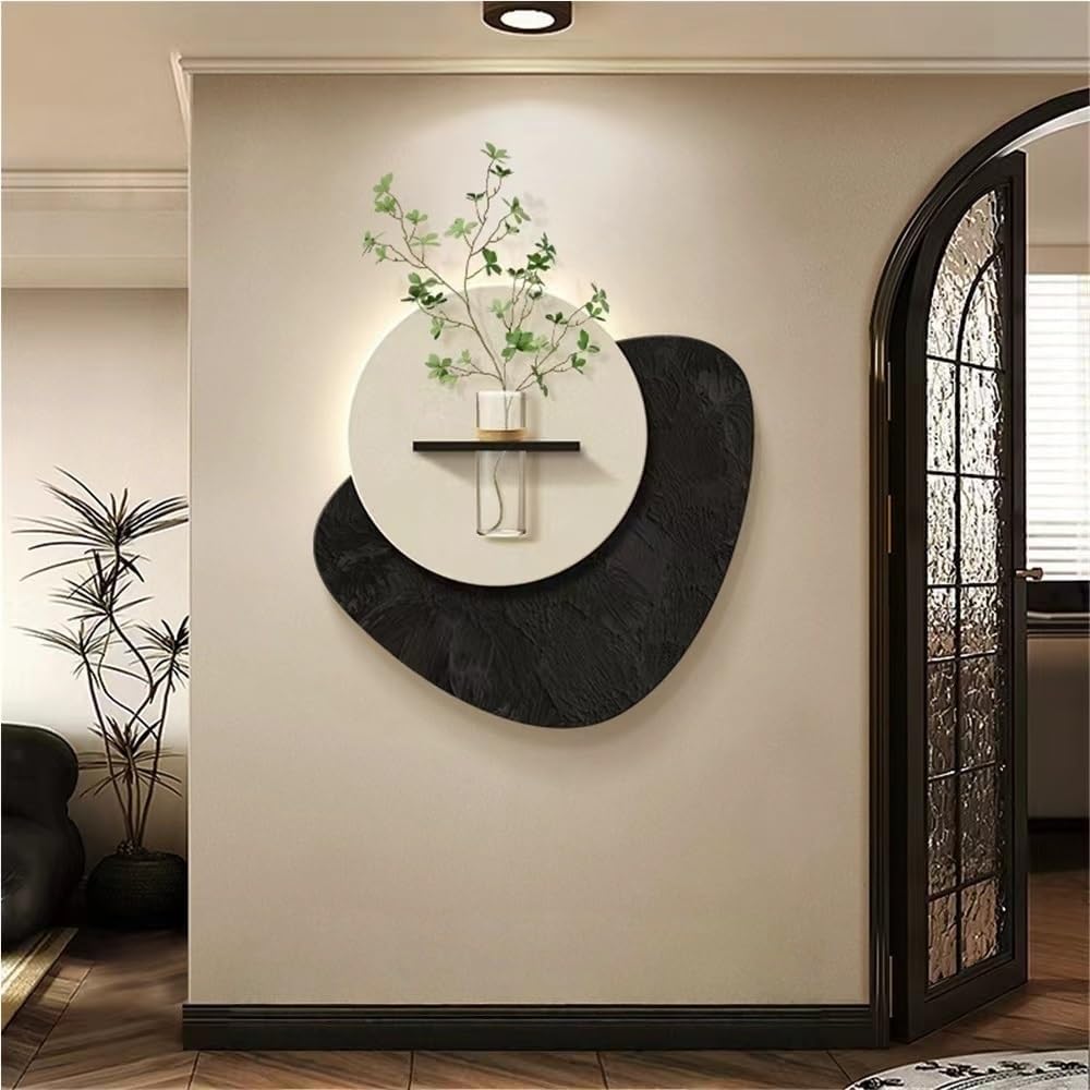 Creative Sandstone Wall Art Decor with Vase and Artificial Plant, Plug-in Power Supply LED Decorative Painting, Lighted Sandstone Wall Decor for Living Room, Entrance Hall, Corridor(Black,23.6*23.6in)