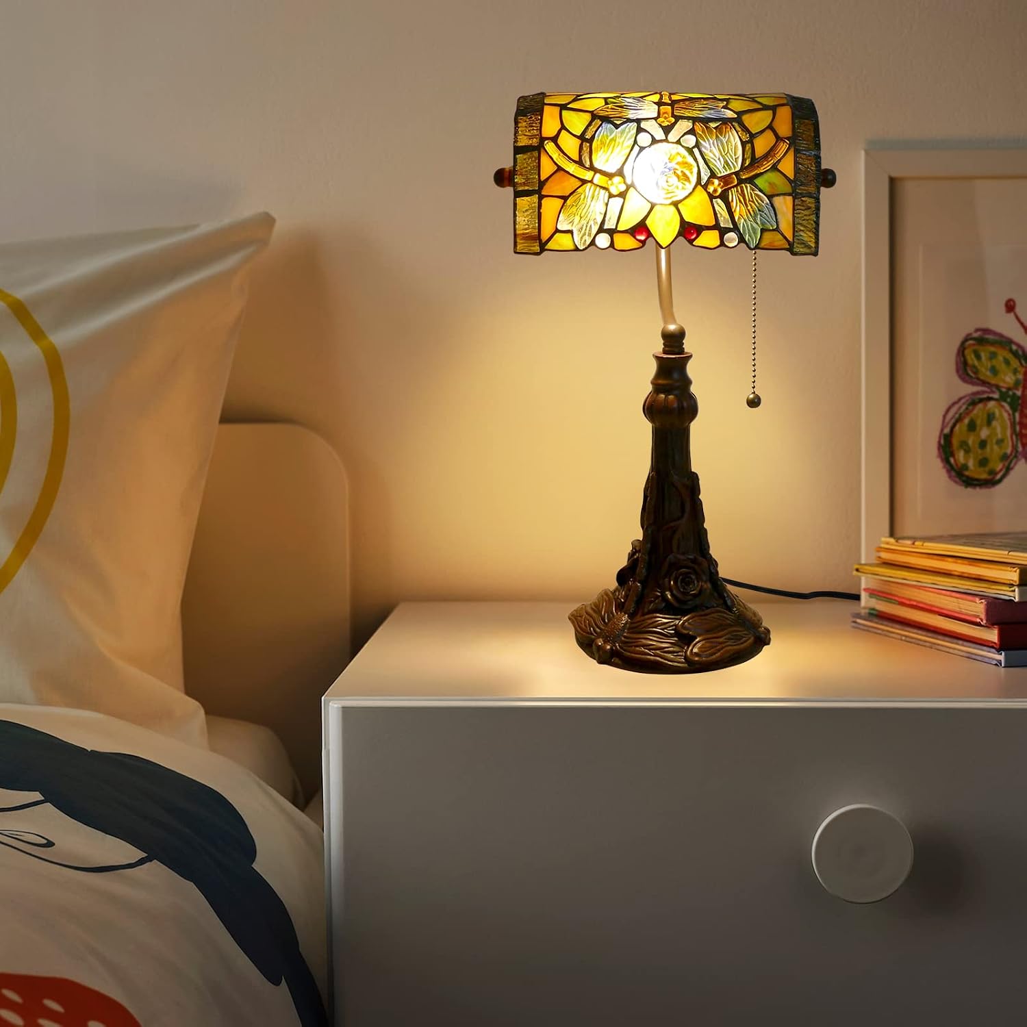 Rose Flower Dragonfly Bankers Lamp Antique Desk Lamps Stained Glass Banker Table Lamp with Pull Chain, Vintage Desk Lamp for Home Office, with Color Changing LED Bulb