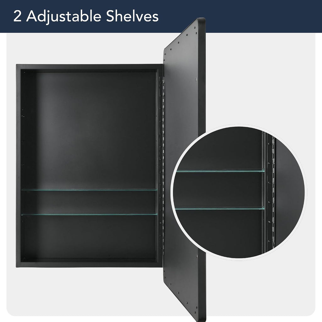 Head West Black Metal Recessed Medicine Cabinet Beveled Mirror, Bathroom Wall Mount Storage Organizer with Glass Shelves - 16' x 24'