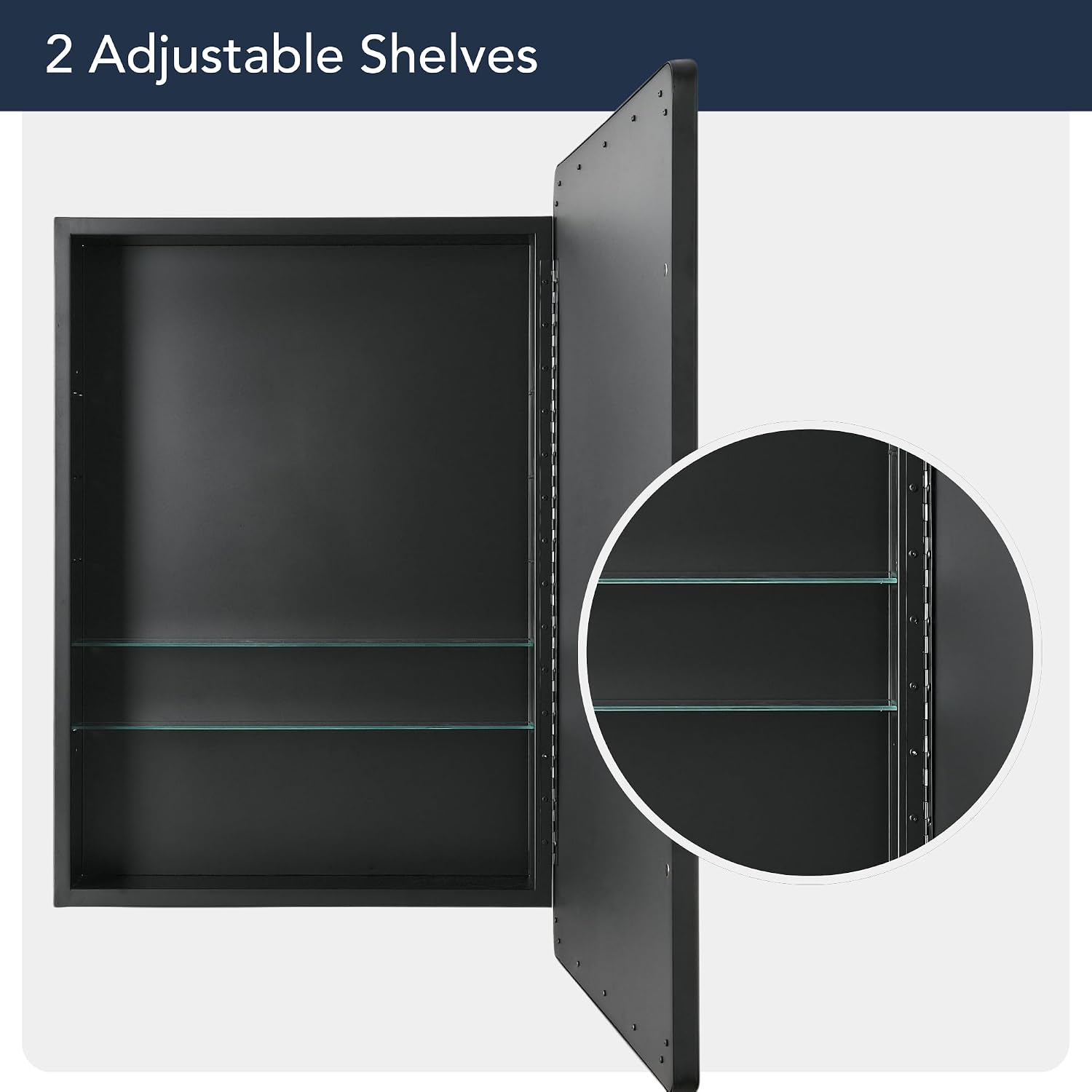 Head West Black Metal Recessed Medicine Cabinet Beveled Mirror, Bathroom Wall Mount Storage Organizer with Glass Shelves - 16' x 24'