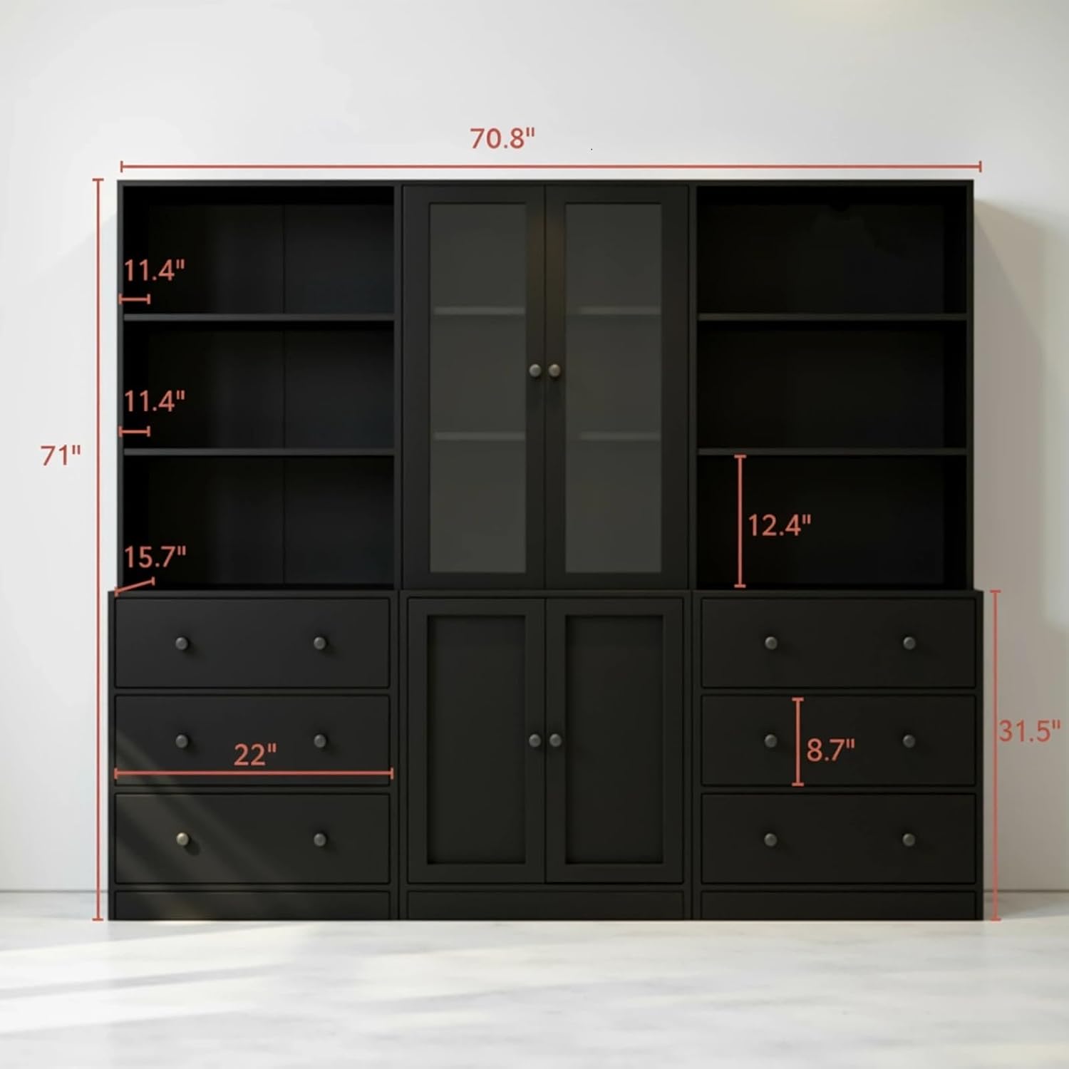 TUSY 71' H Bookshelf with Storage, 6-Tier Modern Bookshelves with 3 Large Drawer, Display Bookcase with Glass Doors, Modern 5-Tier Curio Cabinet for Home Office, Dining Room (Black, ABA)