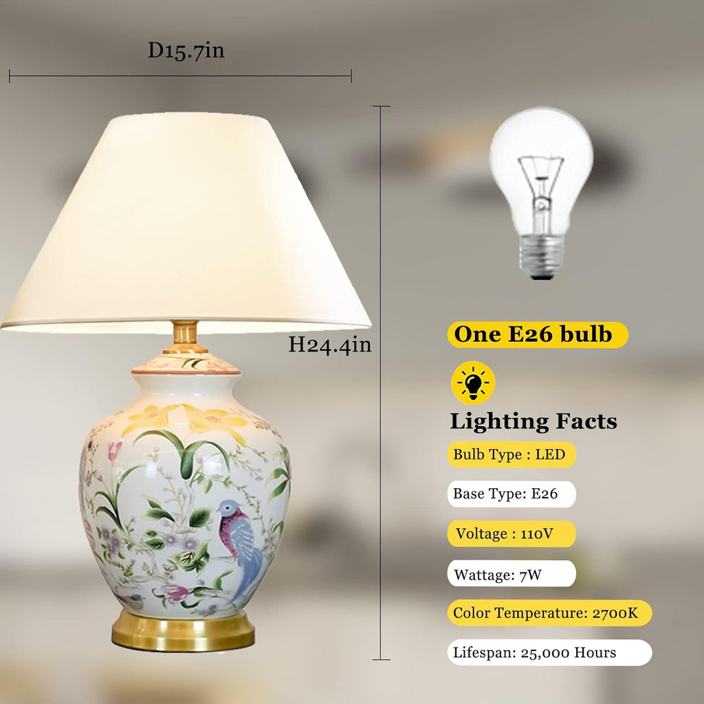 Chinoiserie Ceramic LED Table Lamp, American Flower&Bird Bedside Lamp, Classic White Fabric Lampshade Desk Nightstand Lamp for Bedroom Living Room Office College Bookcase
