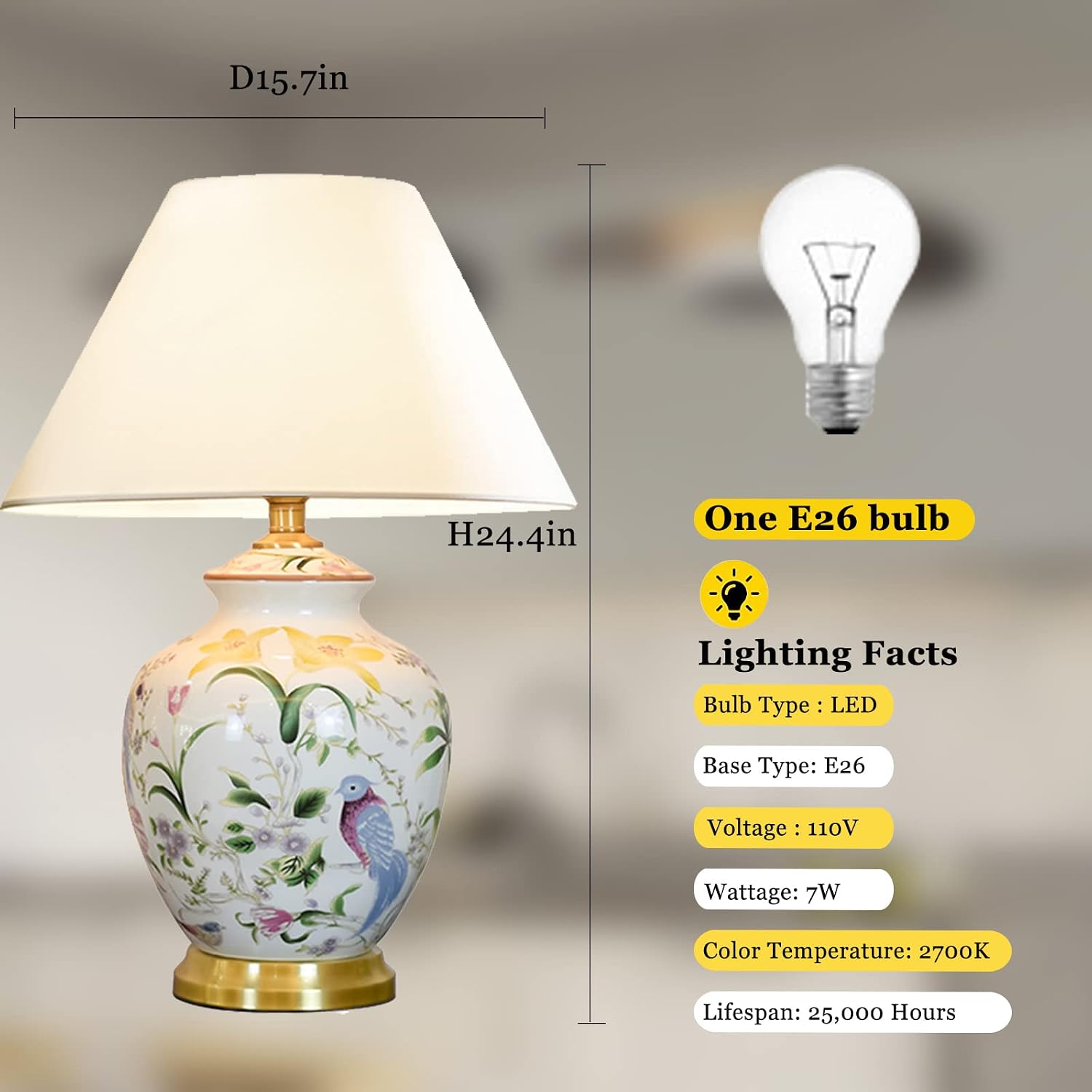 Chinoiserie Ceramic LED Table Lamp, American Flower&Bird Bedside Lamp, Classic White Fabric Lampshade Desk Nightstand Lamp for Bedroom Living Room Office College Bookcase