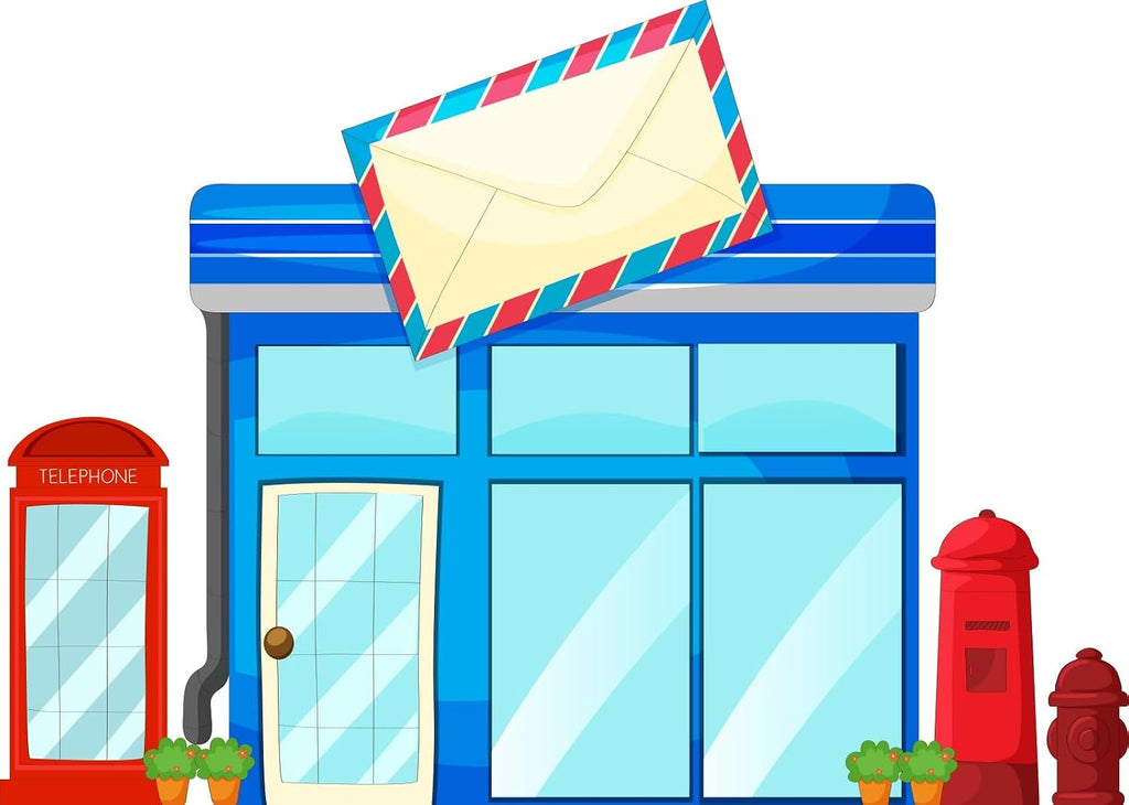 BELECO 20x10ft Fabric Post Office Backdrop Cartoon Street Blue Postoffice Mailbox Telephone Booth Background for Themed Party Decorations Postman Kids Birthday Shoot Photo Studio Props
