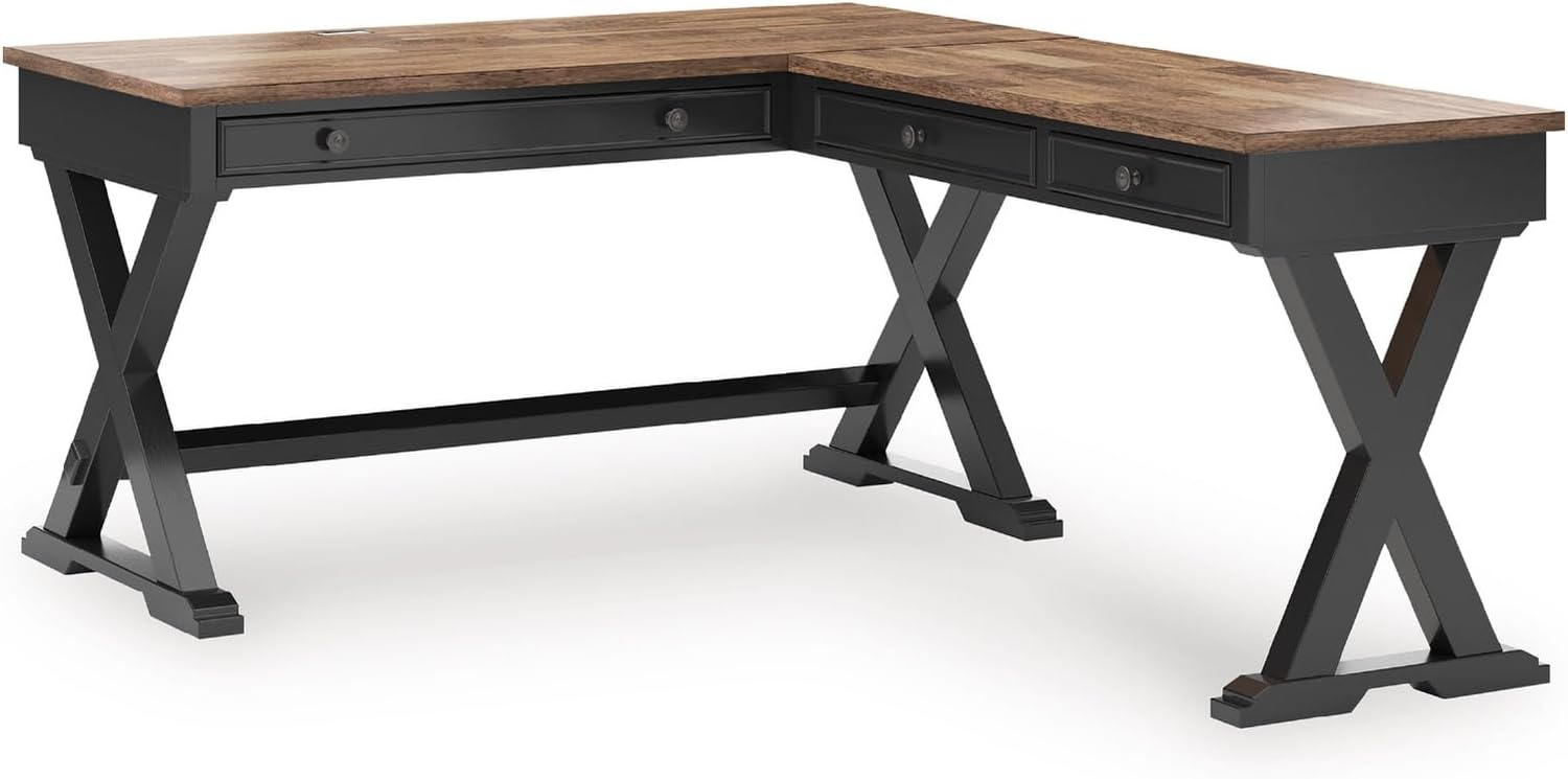 Signature Design by Ashley Wildenauer Casual 3-Drawer Home Office Desk and Return with Drop-Down Keyboard Tray and Cord Management, L-Shaped Desk, Wood, Mango Wood Veneer, Light Brown & Black