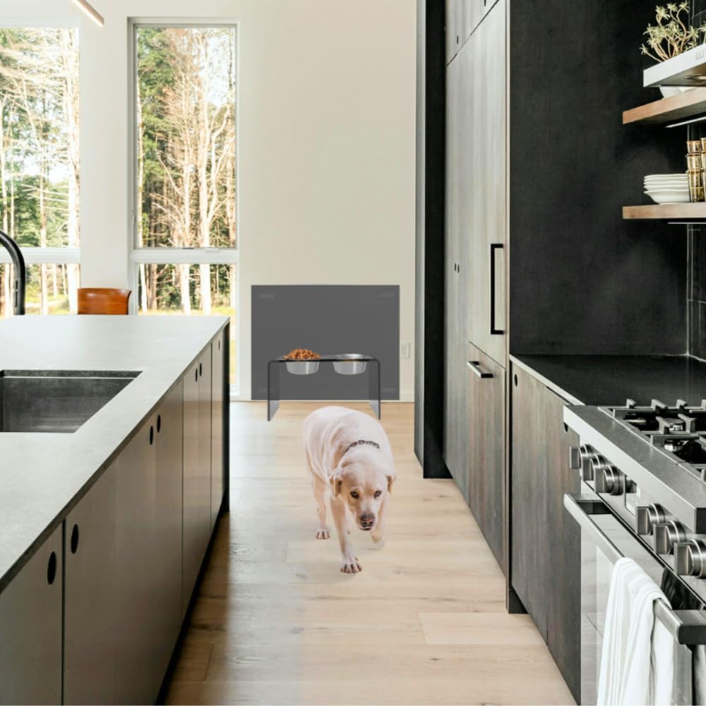 Hiddin Double Elevated Dog Bowl Stand for Medium or Large Dogs, All Breeds, Smoke Grey Acrylic 12 Inch Raised Dog Bowl Stand with Two Stainless Steel Bowls for Food and Water - 6.5 Cups Each Dish