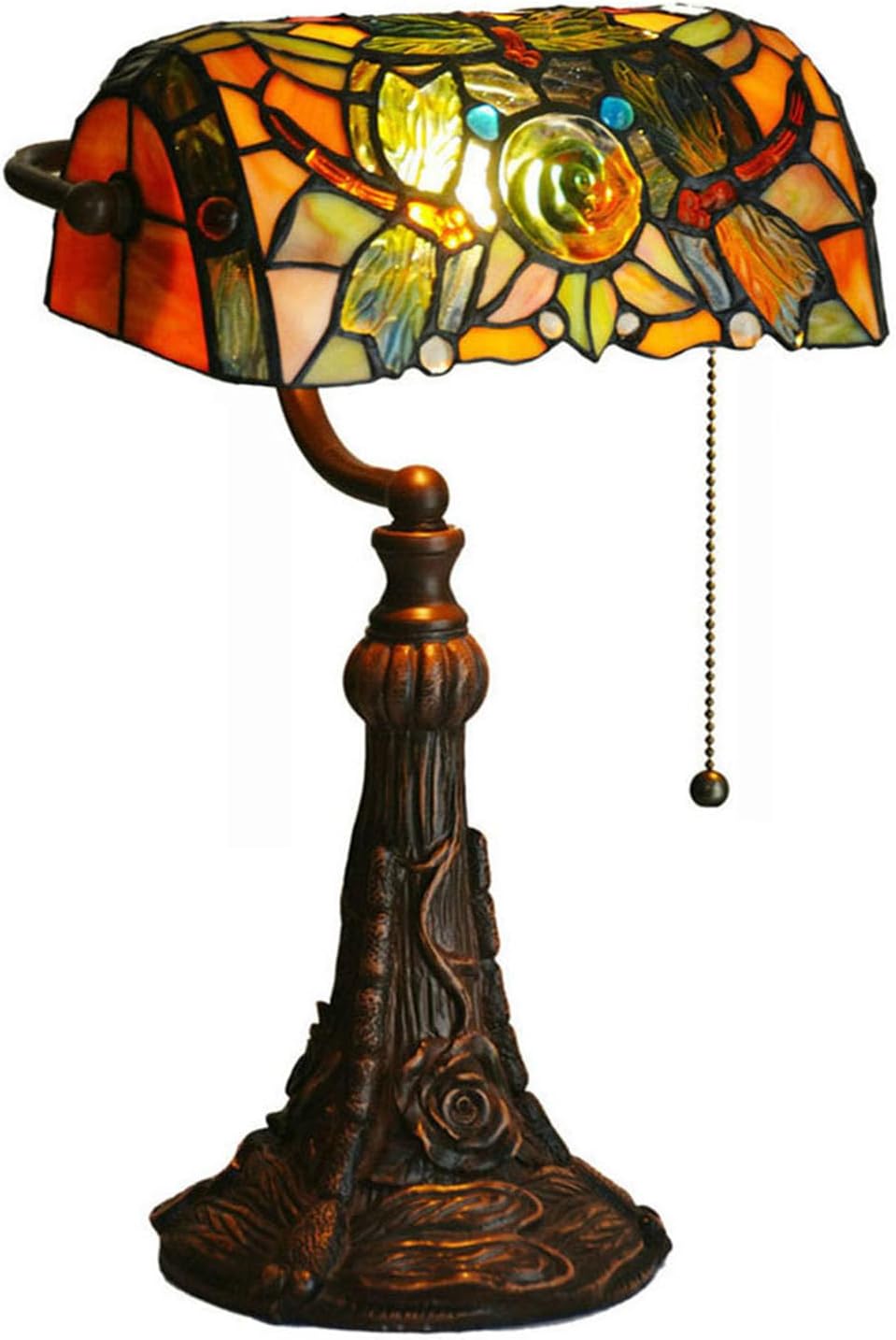 Tiffany Lamp Stained Glass Table Lamp for Living Room Side Dragonfly Piano Lamp Small 15.5' Tall Bedroom Bedside Table Lamp Chain Switch Banker's Home Office Desk Light Farmhouse Lamps