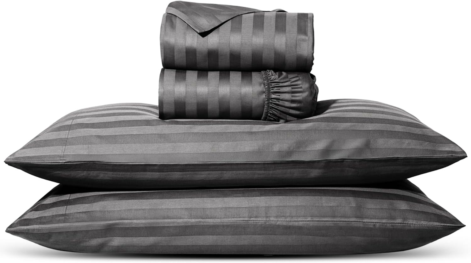 Carressa Linen 100% Egyptian Cotton Sheets Queen Size - Luxury 1000 Series Orchids Collection Damask Striped Queen Size Sheet Set (4 PC, Dark Grey Stripe), Soft Cooling & Durable 16' Hotel Sheets