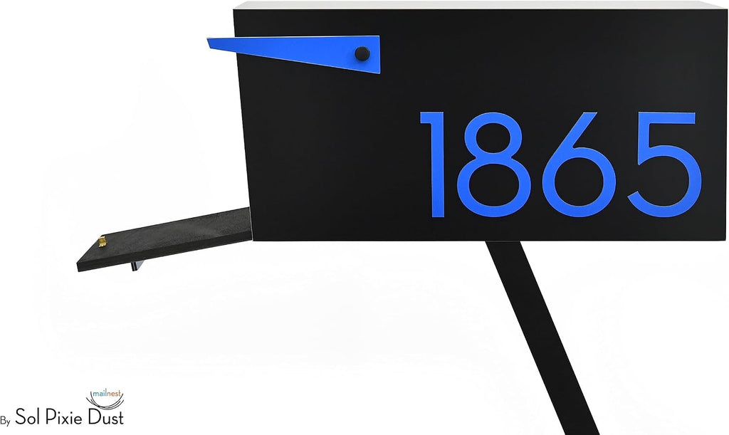 Contemporary Post-Mount Mailbox - Aluminum Black Body with Aluminum Door, Numbers and Flag - Large Customized Mailbox - Type 4 (Blue)
