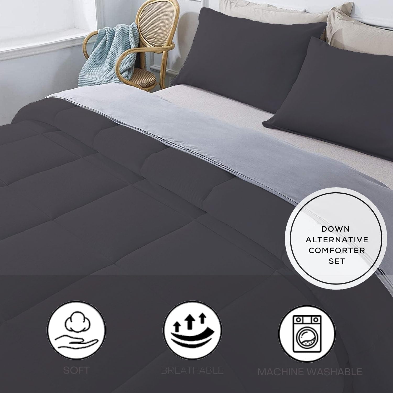 3 Piece 100% Egyptian Cotton 800 Thread Count Comforter Set Full/Queen Size (90' x 90') Inch 400 GSM Luxurious Hotel Collection Ultra-Soft Comforter Set- Dark Grey Solid