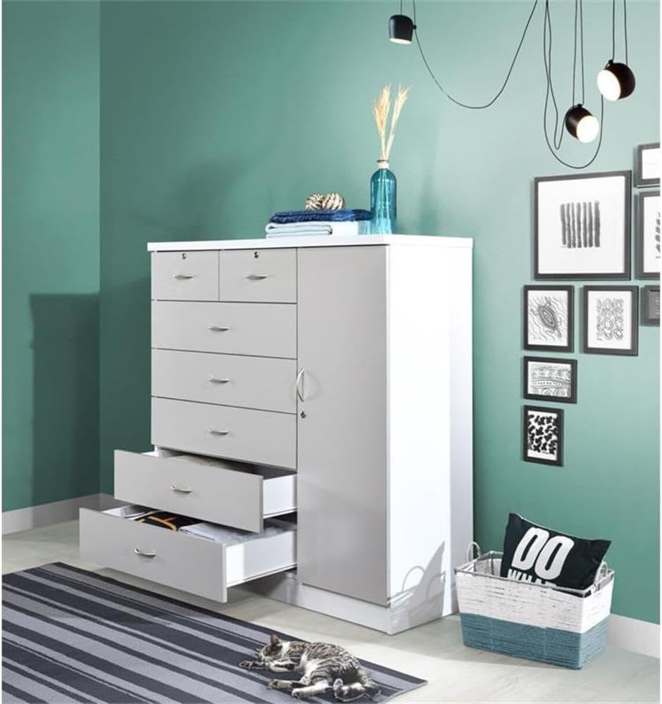 BOWERY HILL 7-Drawer Chest with Locks, Adjustable Shelves & Hanging Rod, Gray Wood, 48.6 in. H x 47.2 in. W x 17.6 in. D, Metal Roller Glides, Safety Stops, Side Door Storage, Bedroom Furniture