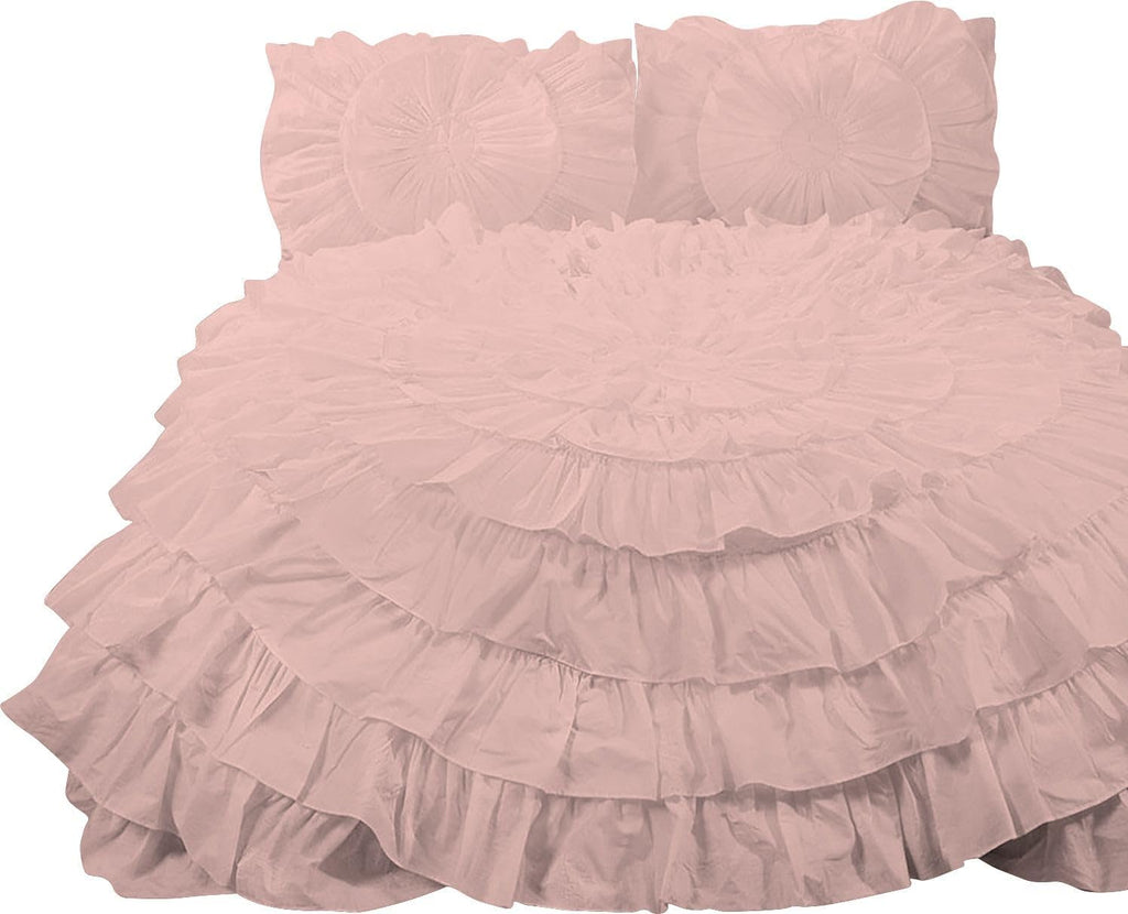 3 Piece 100% Egyptian Cotton Circle Ruffle Comforter Set, 550 GSM Filled Microfiber - Full/Queen Size, Blush Color - 1000 Thread Count