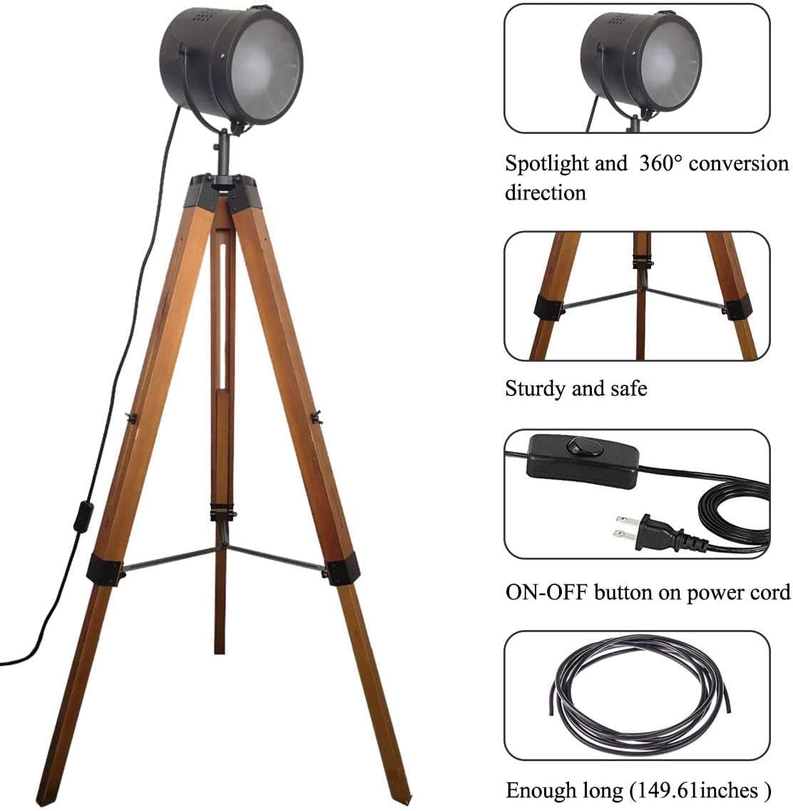 DEC LUCE DECOLUCE LIGHTING Vintage Industrial Tripod Floor Lamp - Adjustable Spotlight for Living Room & Bedroom | Wooden & Metal Design | Perfect for Office, Cinema, Dorm | Black (Bulb Not Included)