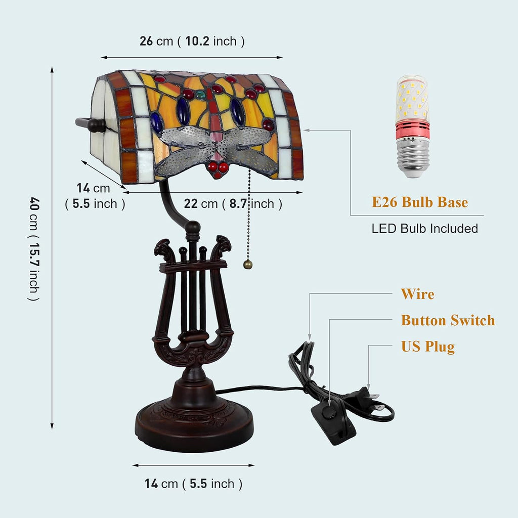 Dragonfly Bankers Lamp Antique Desk Lamps Stained Glass Banker Table Lamp with Pull Chain, Vintage Desk Lamp for Home Office, with Color Changing LED Bulb