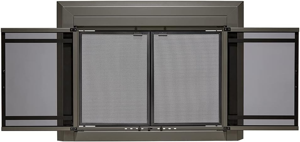 UniFlame - Kendall - Cabinet-Style Fireplace Doors with Smoke Tempered Glass (Color: Gunmetal, Size: Large - Fits Opening 36in to 43in W x 25.5in to 32.5in H)